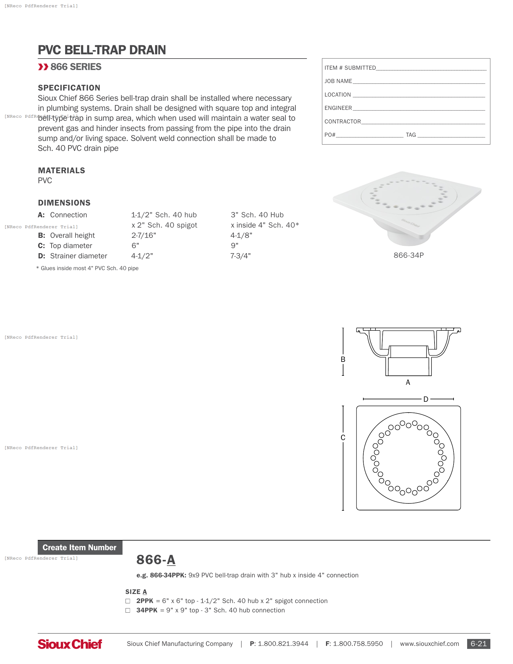 866 SERIES - PVC BELL TRAP DRAIN - SPEC SHEET.PDF Specification Document